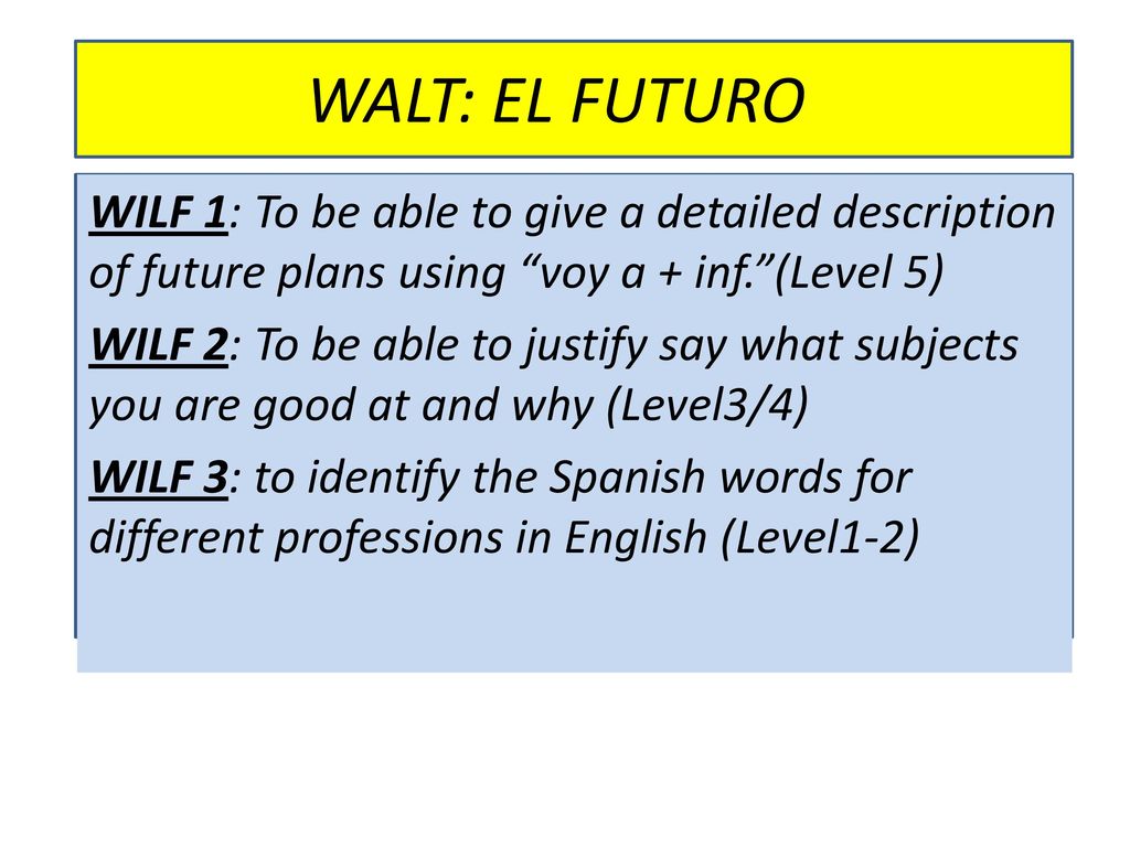 WALT: EL FUTURO WILF 1: To be able to give a detailed description of future plans using voy a + inf. (Level 5)