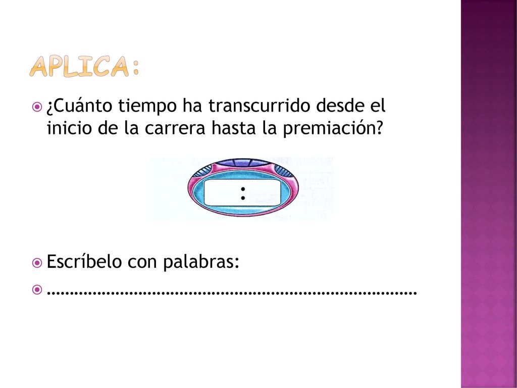 Aplica: ¿Cuánto tiempo ha transcurrido desde el inicio de la carrera hasta la premiación Escríbelo con palabras: