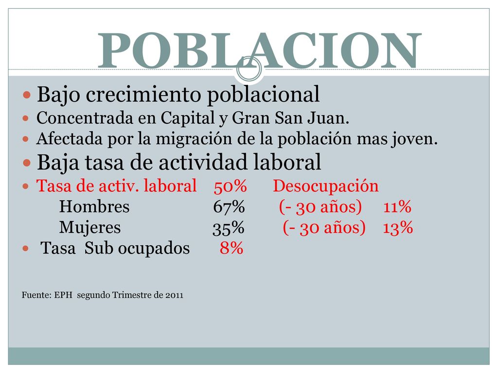 POBLACION Bajo crecimiento poblacional Baja tasa de actividad laboral
