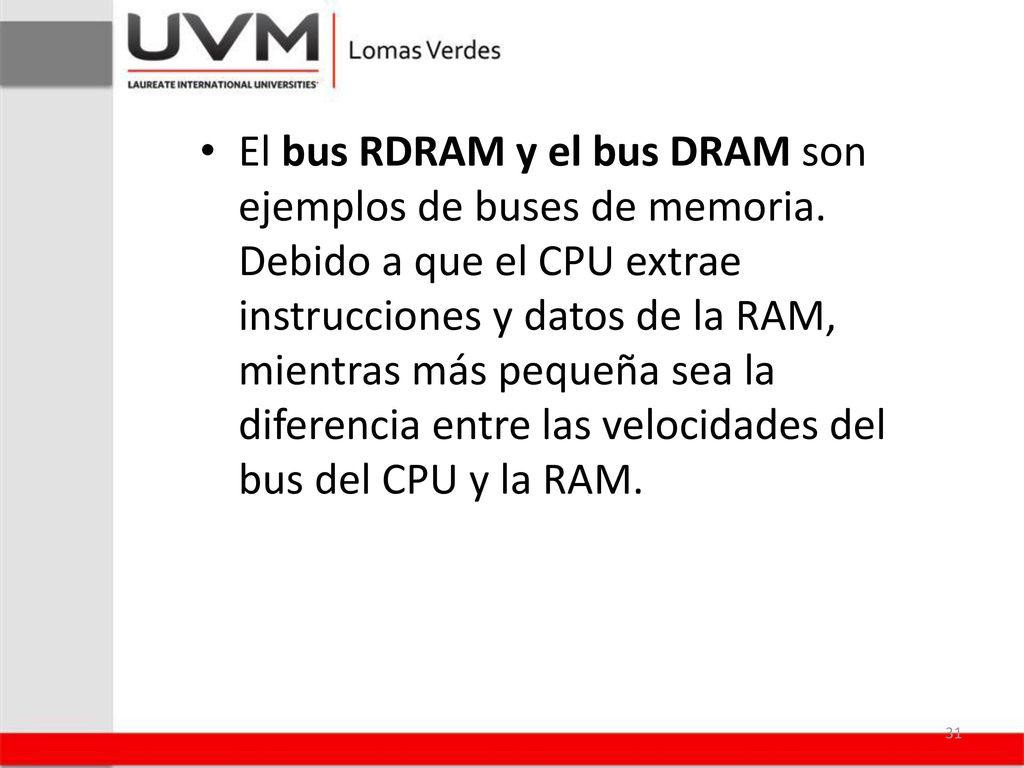El bus RDRAM y el bus DRAM son ejemplos de buses de memoria