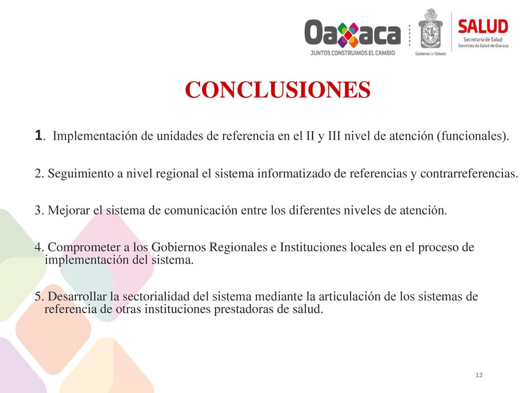 CONCLUSIONES 1. Implementación de unidades de referencia en el II y III nivel de atención (funcionales).