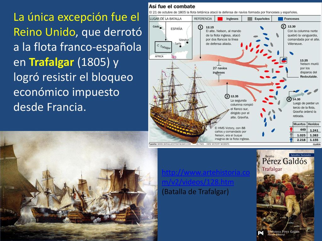 La única excepción fue el Reino Unido, que derrotó a la flota franco-española en Trafalgar (1805) y logró resistir el bloqueo económico impuesto desde Francia.