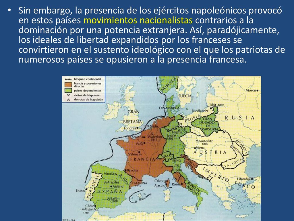 Sin embargo, la presencia de los ejércitos napoleónicos provocó en estos países movimientos nacionalistas contrarios a la dominación por una potencia extranjera.