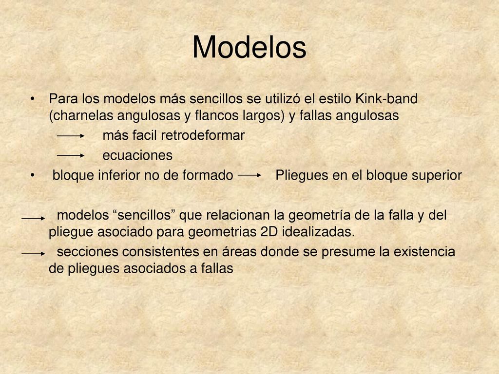Modelos Para los modelos más sencillos se utilizó el estilo Kink-band (charnelas angulosas y flancos largos) y fallas angulosas.