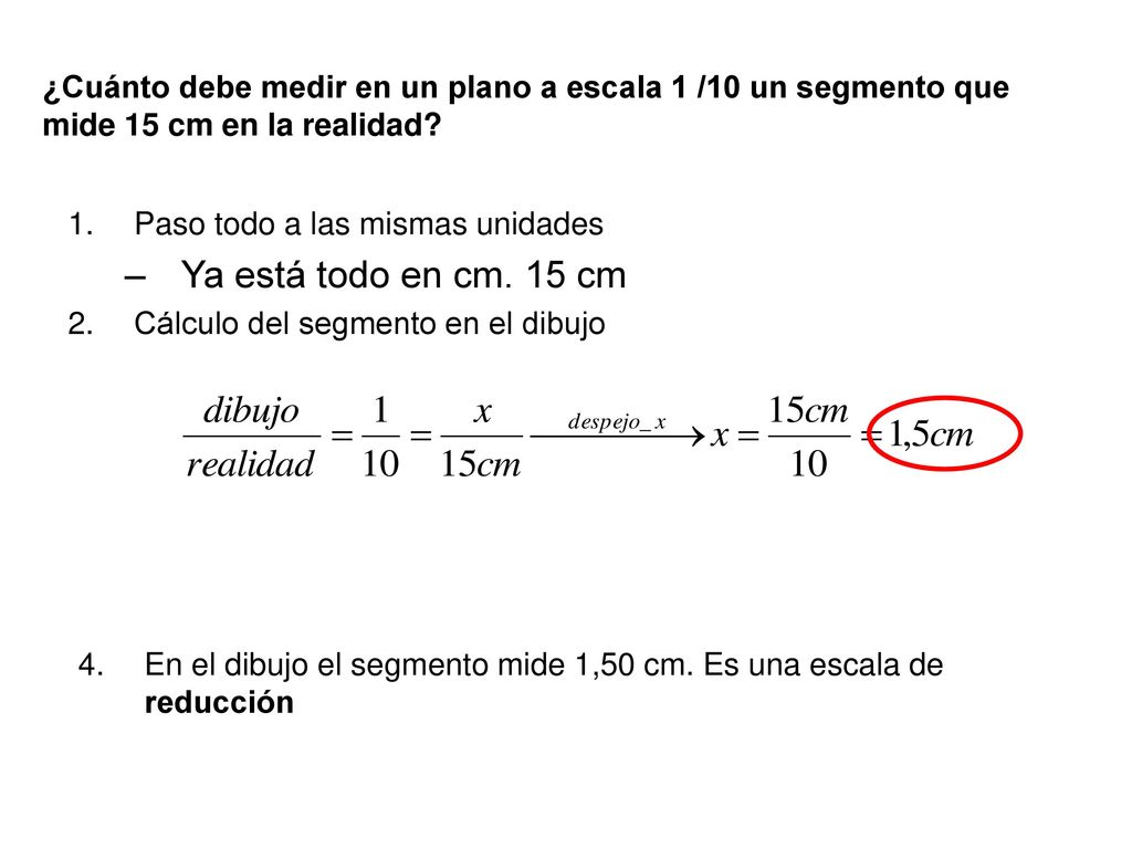 ¿Cuánto debe medir en un plano a escala 1 /10 un segmento que mide 15 cm en la realidad