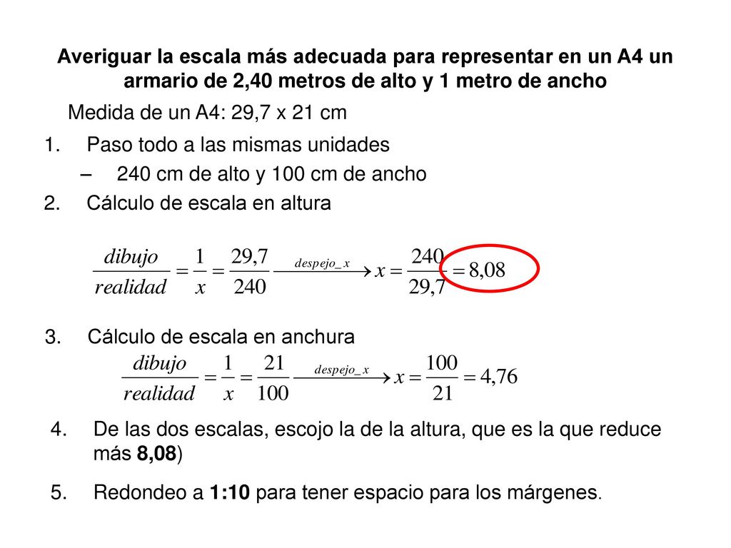 Averiguar la escala más adecuada para representar en un A4 un armario de 2,40 metros de alto y 1 metro de ancho
