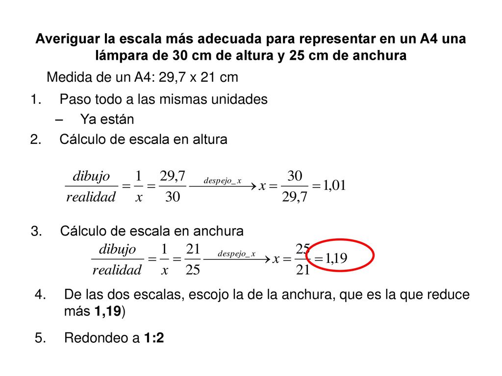 Averiguar la escala más adecuada para representar en un A4 una lámpara de 30 cm de altura y 25 cm de anchura