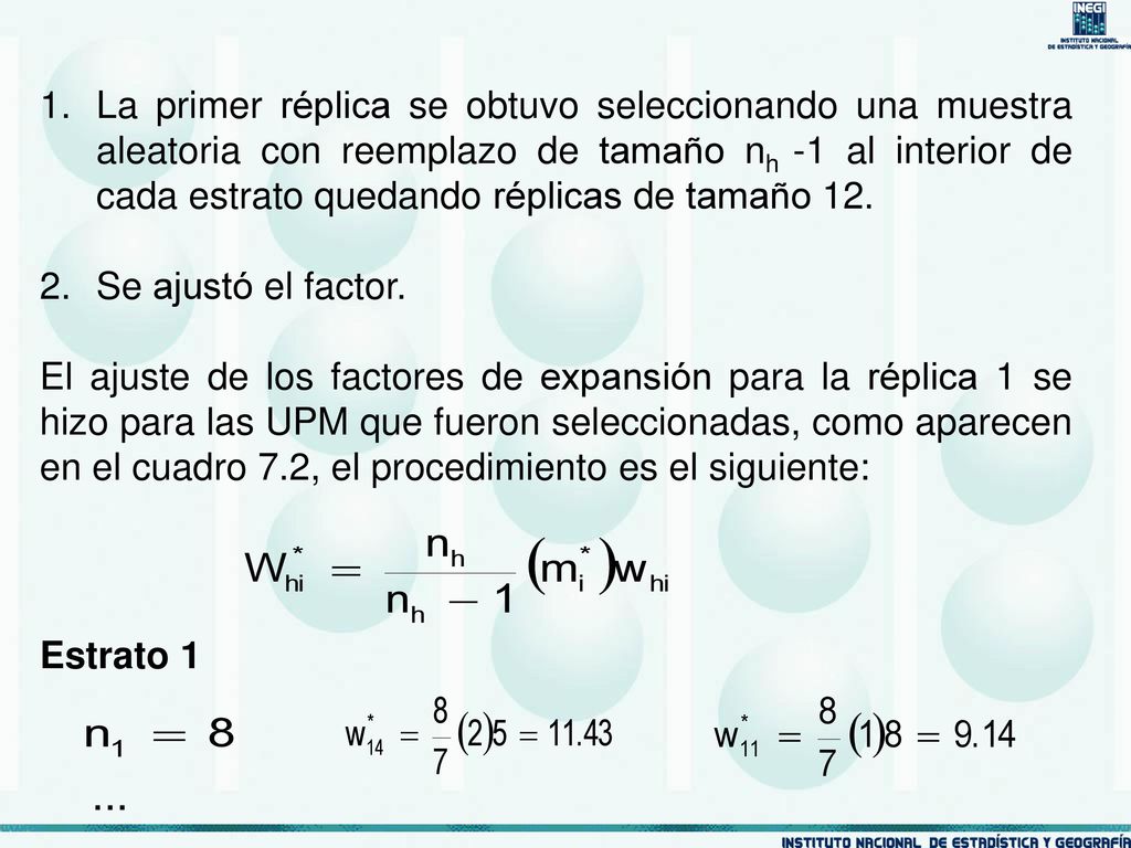 La primer réplica se obtuvo seleccionando una muestra aleatoria con reemplazo de tamaño nh -1 al interior de cada estrato quedando réplicas de tamaño 12.