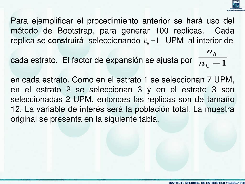Para ejemplificar el procedimiento anterior se hará uso del método de Bootstrap, para generar 100 replicas. Cada replica se construirá seleccionando UPM al interior de