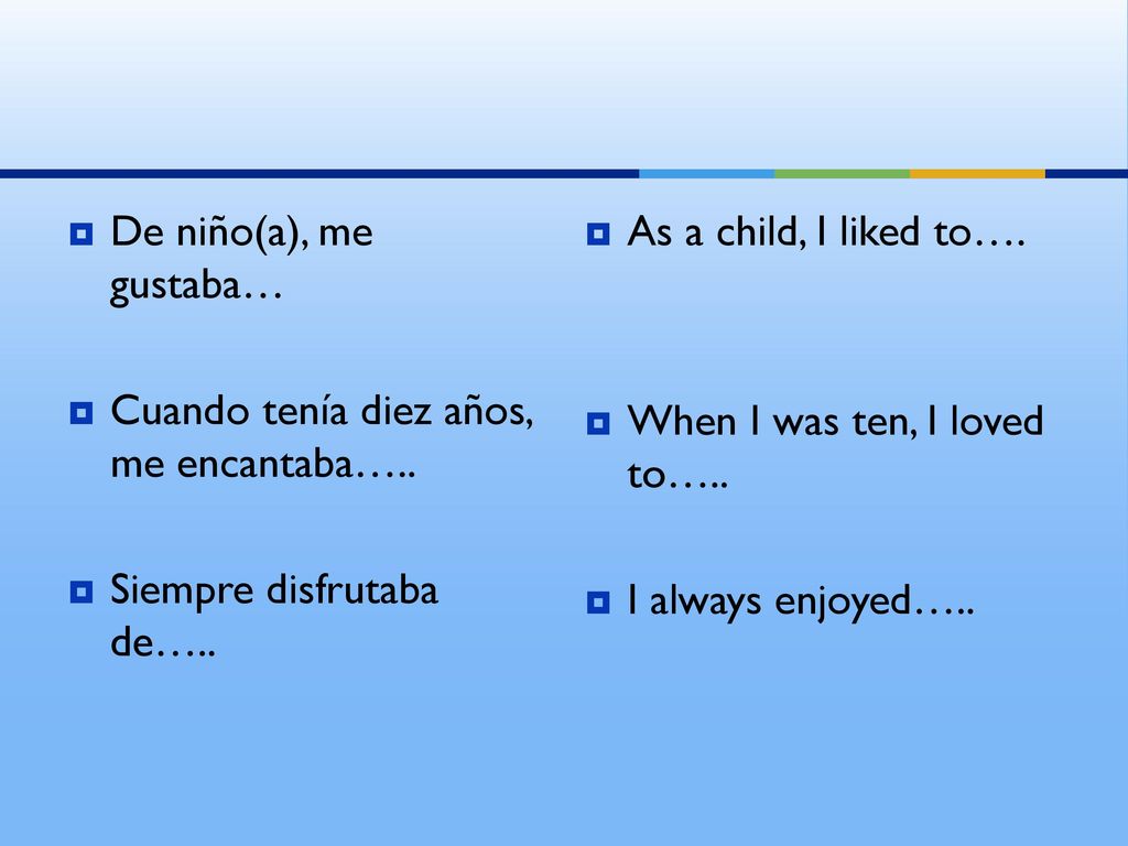 De niño(a), me gustaba… Cuando tenía diez años, me encantaba….. Siempre disfrutaba de….. As a child, I liked to….