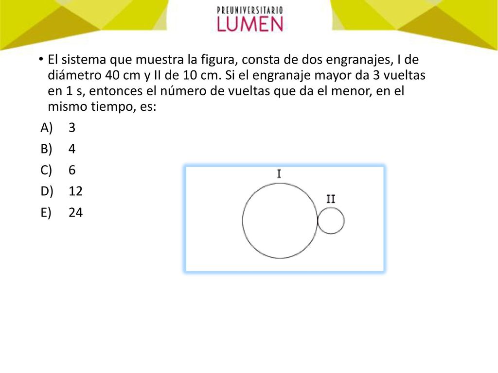 El sistema que muestra la figura, consta de dos engranajes, I de diámetro 40 cm y II de 10 cm. Si el engranaje mayor da 3 vueltas en 1 s, entonces el número de vueltas que da el menor, en el mismo tiempo, es: