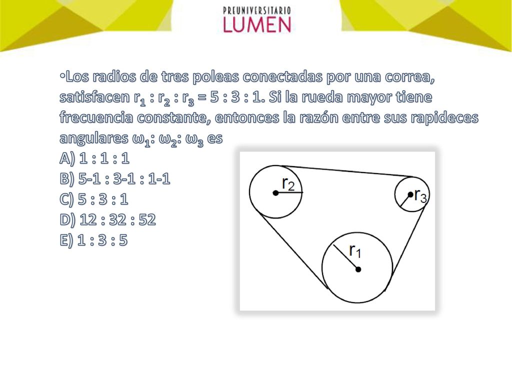 Los radios de tres poleas conectadas por una correa, satisfacen r1 : r2 : r3 = 5 : 3 : 1. Si la rueda mayor tiene frecuencia constante, entonces la razón entre sus rapideces angulares ω1: ω2: ω3 es