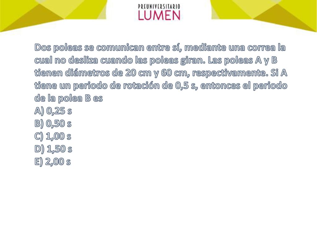 Dos poleas se comunican entre sí, mediante una correa la cual no desliza cuando las poleas giran. Las poleas A y B tienen diámetros de 20 cm y 60 cm, respectivamente. Si A tiene un periodo de rotación de 0,5 s, entonces el periodo de la polea B es