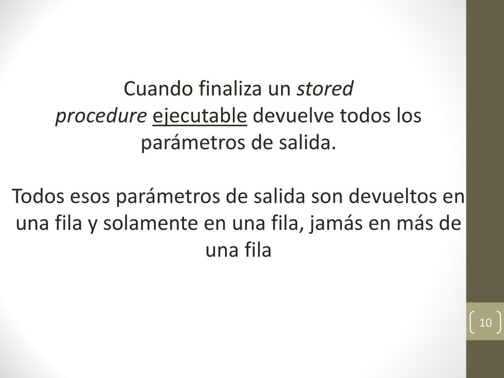Cuando finaliza un stored procedure ejecutable devuelve todos los parámetros de salida.