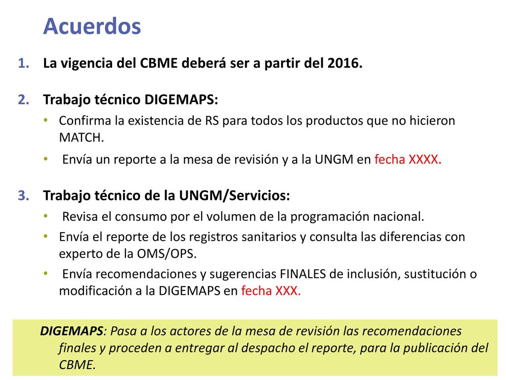 Acuerdos La vigencia del CBME deberá ser a partir del 2016.
