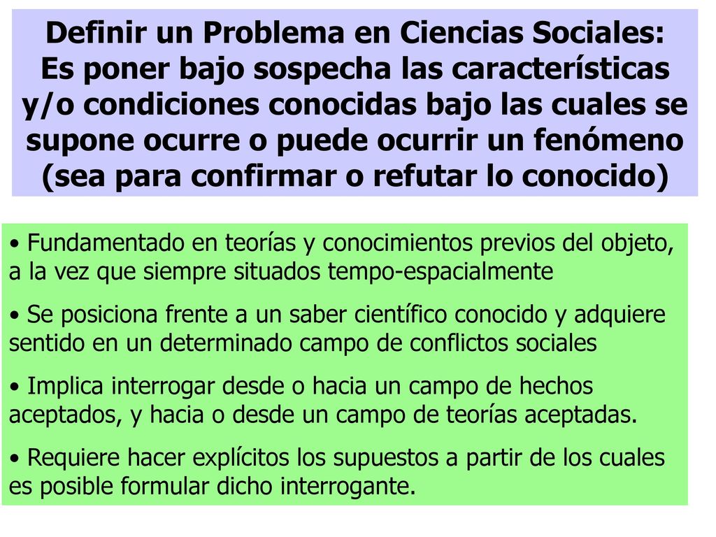 Definir un Problema en Ciencias Sociales: Es poner bajo sospecha las características y/o condiciones conocidas bajo las cuales se supone ocurre o puede ocurrir un fenómeno (sea para confirmar o refutar lo conocido)