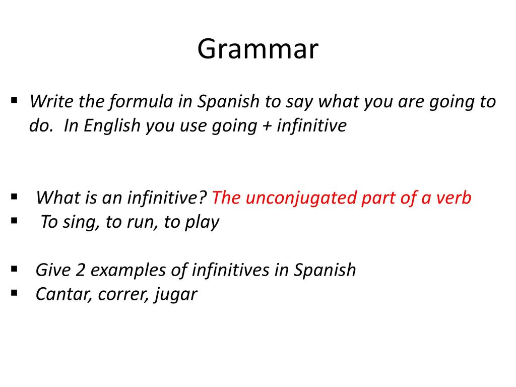 Grammar Write the formula in Spanish to say what you are going to do. In English you use going + infinitive.