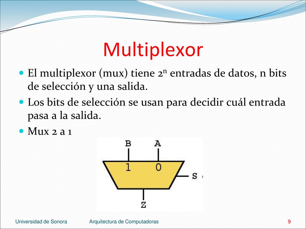 Multiplexor El multiplexor (mux) tiene 2n entradas de datos, n bits de selección y una salida.