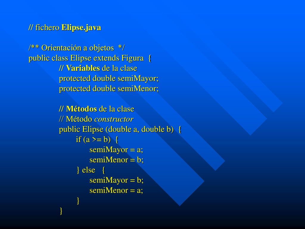 // fichero Elipse.java /** Orientación a objetos */ public class Elipse extends Figura { // Variables de la clase.