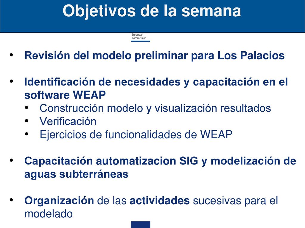 Objetivos de la semana Revisión del modelo preliminar para Los Palacios. Identificación de necesidades y capacitación en el software WEAP.