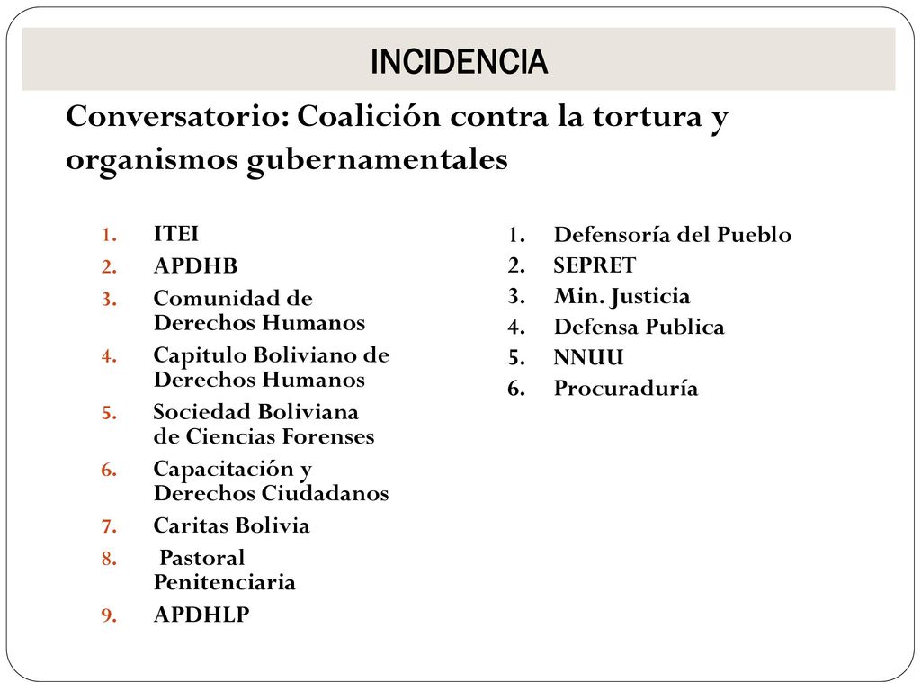 INCIDENCIA Conversatorio: Coalición contra la tortura y organismos gubernamentales. ITEI. APDHB. Comunidad de Derechos Humanos.