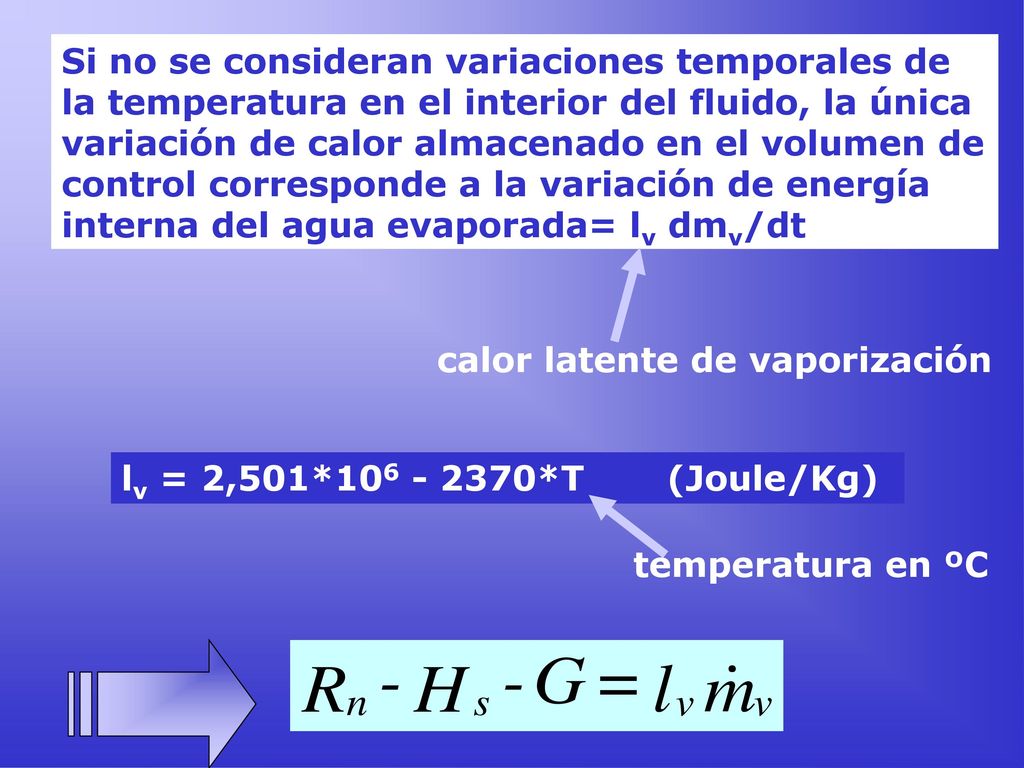 Si no se consideran variaciones temporales de la temperatura en el interior del fluido, la única variación de calor almacenado en el volumen de control corresponde a la variación de energía interna del agua evaporada= lv dmv/dt