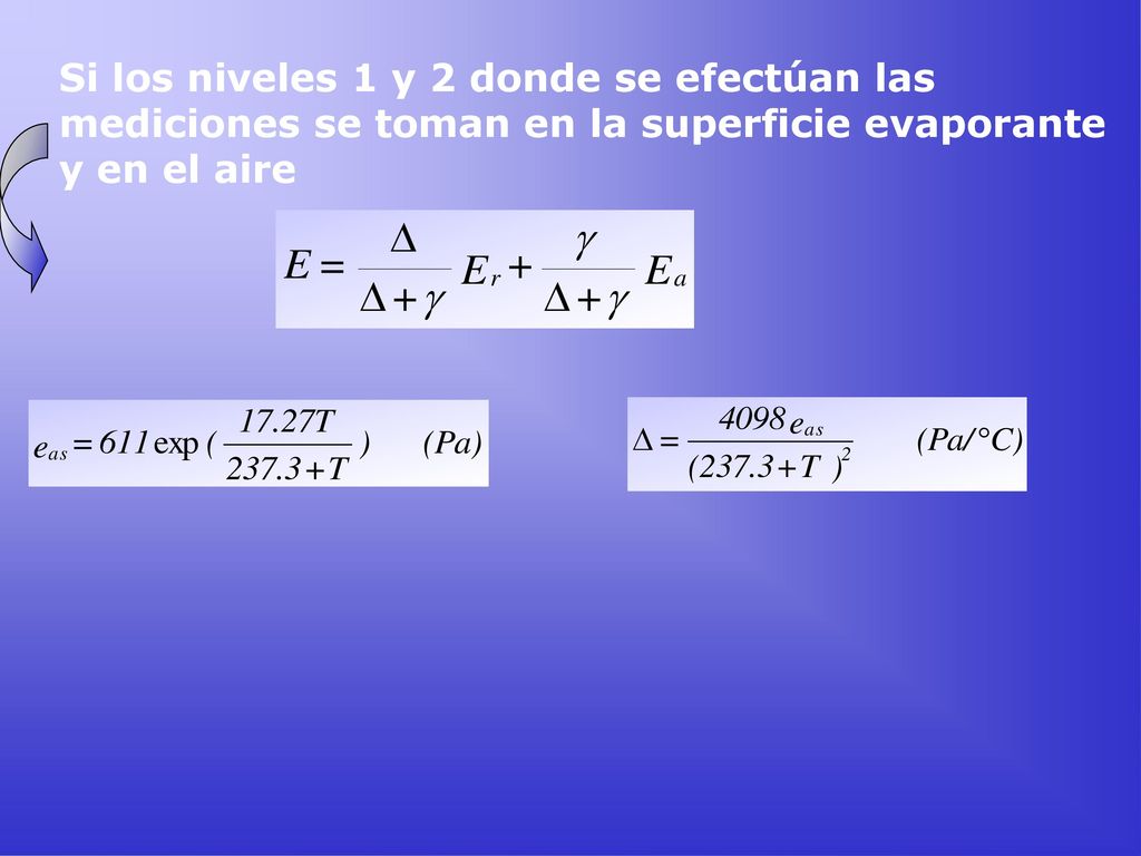 Si los niveles 1 y 2 donde se efectúan las mediciones se toman en la superficie evaporante y en el aire