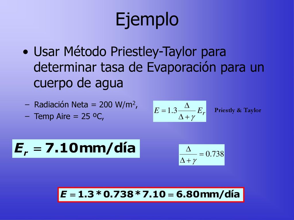Ejemplo Usar Método Priestley-Taylor para determinar tasa de Evaporación para un cuerpo de agua. Radiación Neta = 200 W/m2,