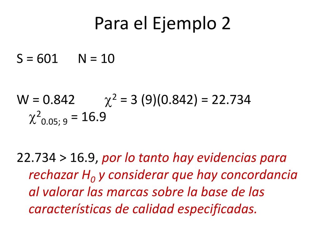 Para el Ejemplo 2 S = 601 N = 10. W = 2 = 3 (9)(0.842) = 20.05; 9 =