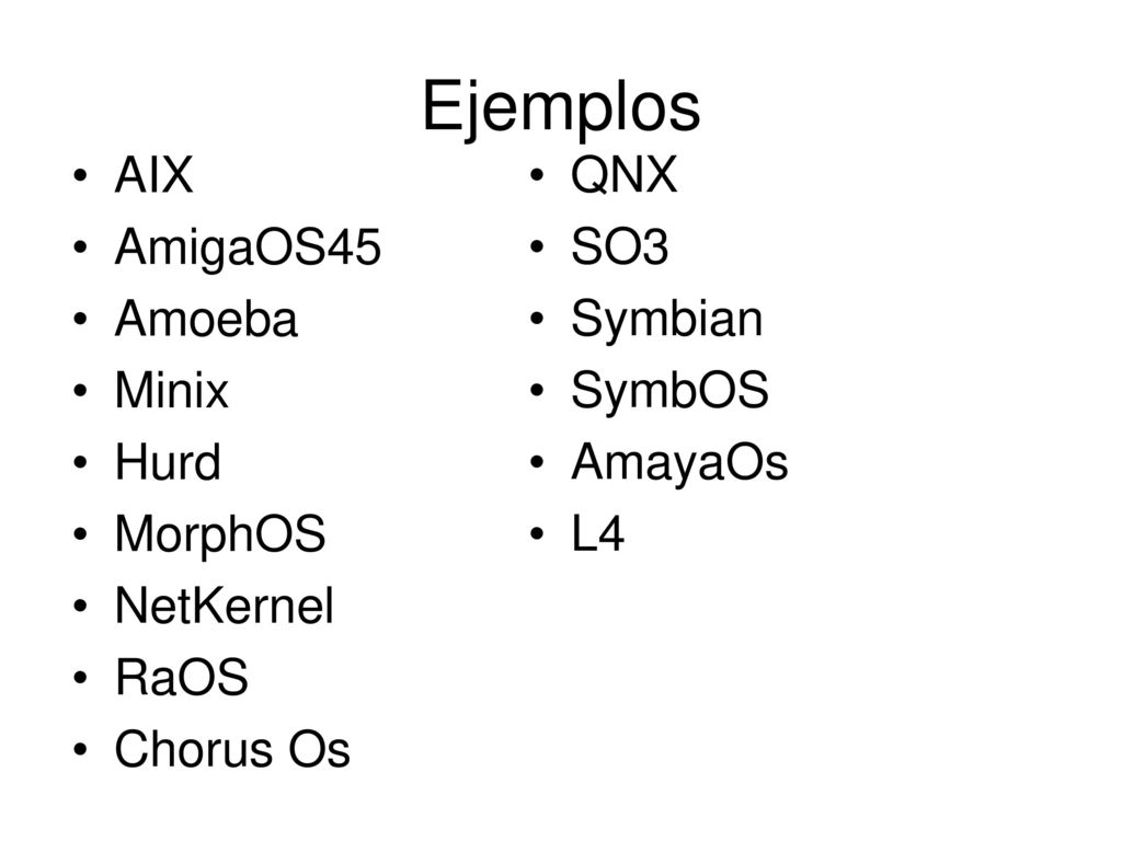 Ejemplos AIX QNX AmigaOS45 SO3 Amoeba Symbian Minix SymbOS Hurd