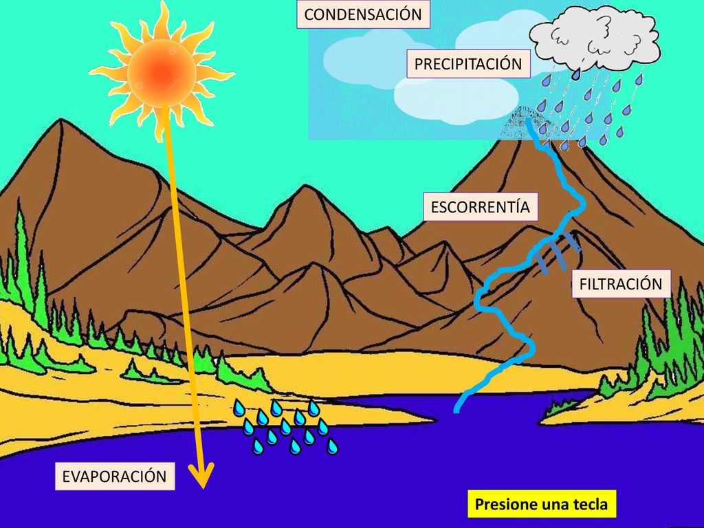 CONDENSACIÓN PRECIPITACIÓN ESCORRENTÍA FILTRACIÓN EVAPORACIÓN Presione una tecla