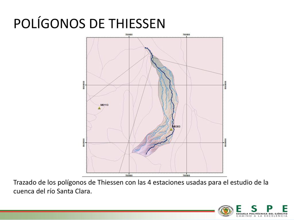POLÍGONOS DE THIESSEN Trazado de los polígonos de Thiessen con las 4 estaciones usadas para el estudio de la cuenca del río Santa Clara.