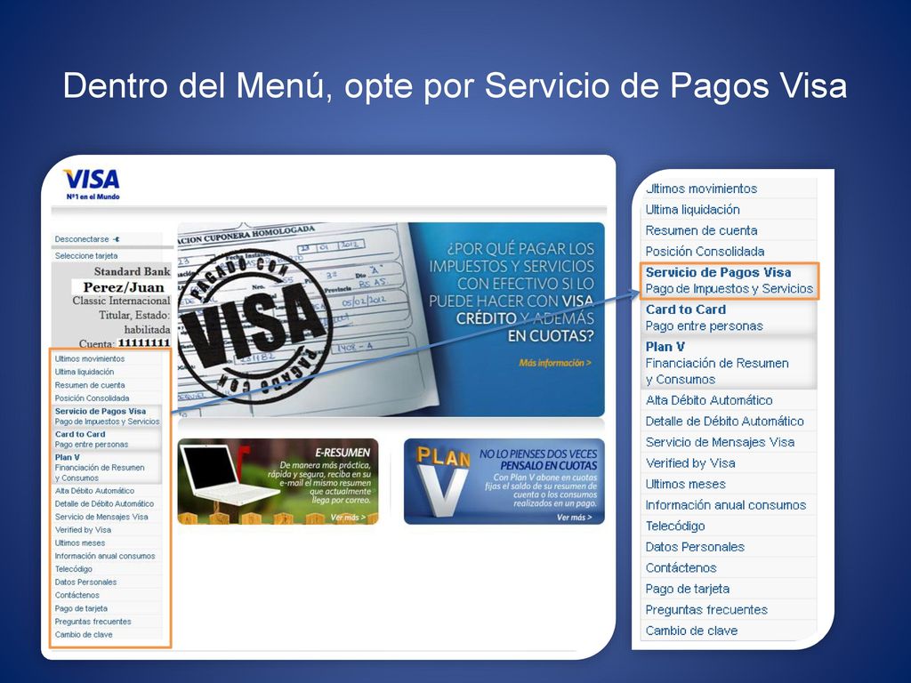 Dentro del Menú, opte por Servicio de Pagos Visa