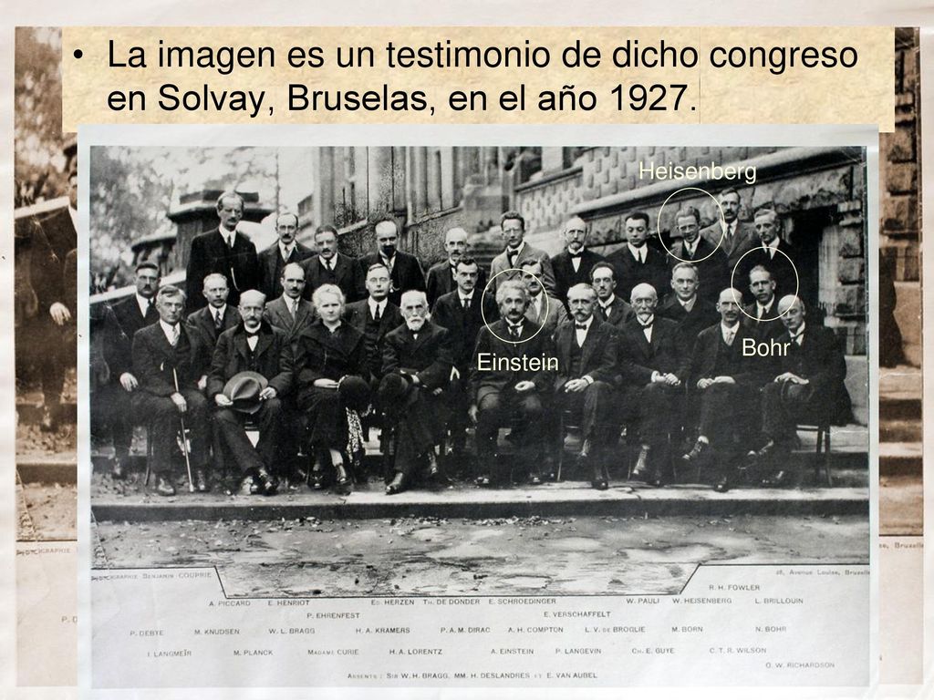 La imagen es un testimonio de dicho congreso en Solvay, Bruselas, en el año 1927.