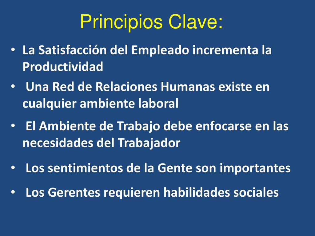 Principios Clave: La Satisfacción del Empleado incrementa la Productividad. Una Red de Relaciones Humanas existe en cualquier ambiente laboral.