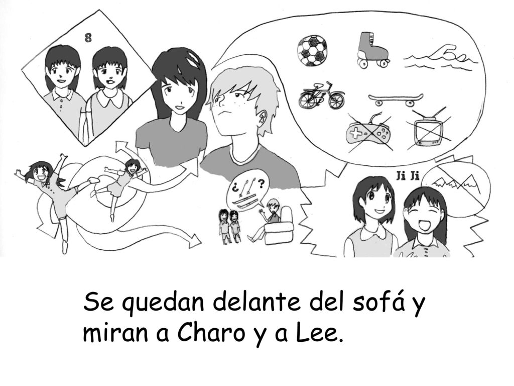 Se quedan delante del sofá y miran a Charo y a Lee.