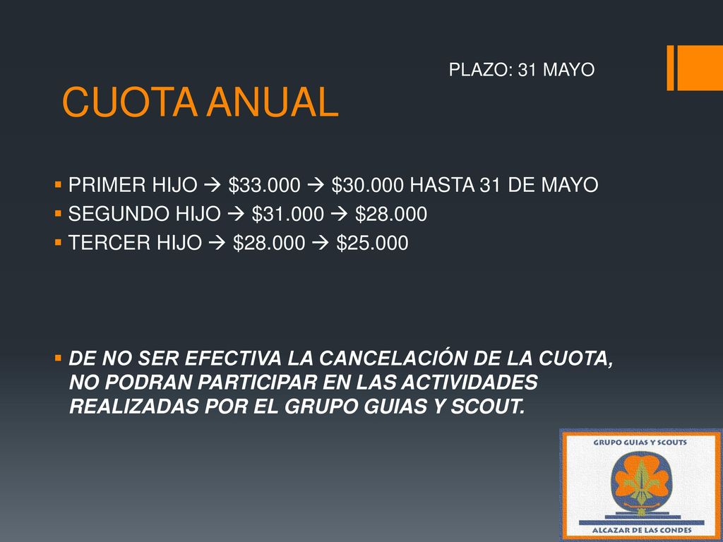 CUOTA ANUAL PRIMER HIJO  $  $ HASTA 31 DE MAYO