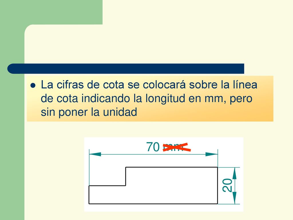 La cifras de cota se colocará sobre la línea de cota indicando la longitud en mm, pero sin poner la unidad