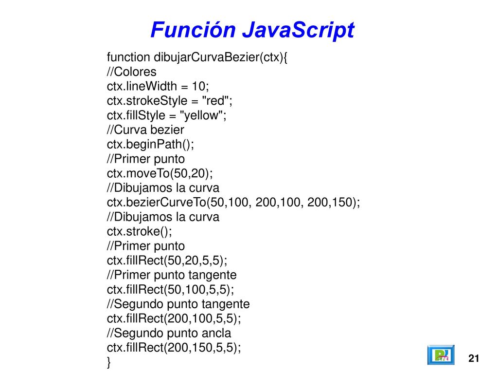 Función JavaScript function dibujarCurvaBezier(ctx){ //Colores