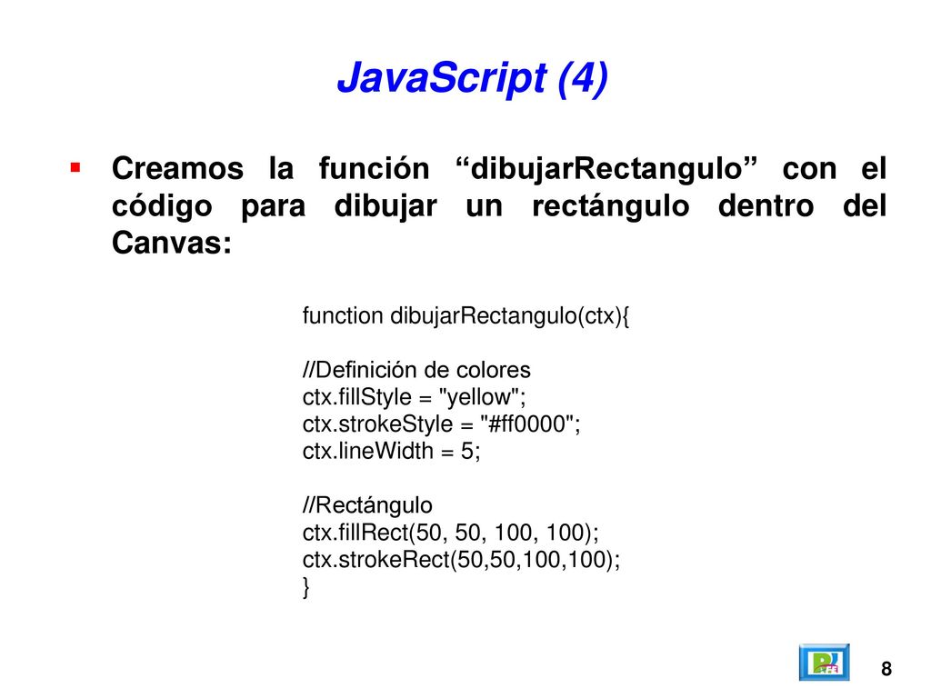 JavaScript (4) Creamos la función dibujarRectangulo con el código para dibujar un rectángulo dentro del Canvas: