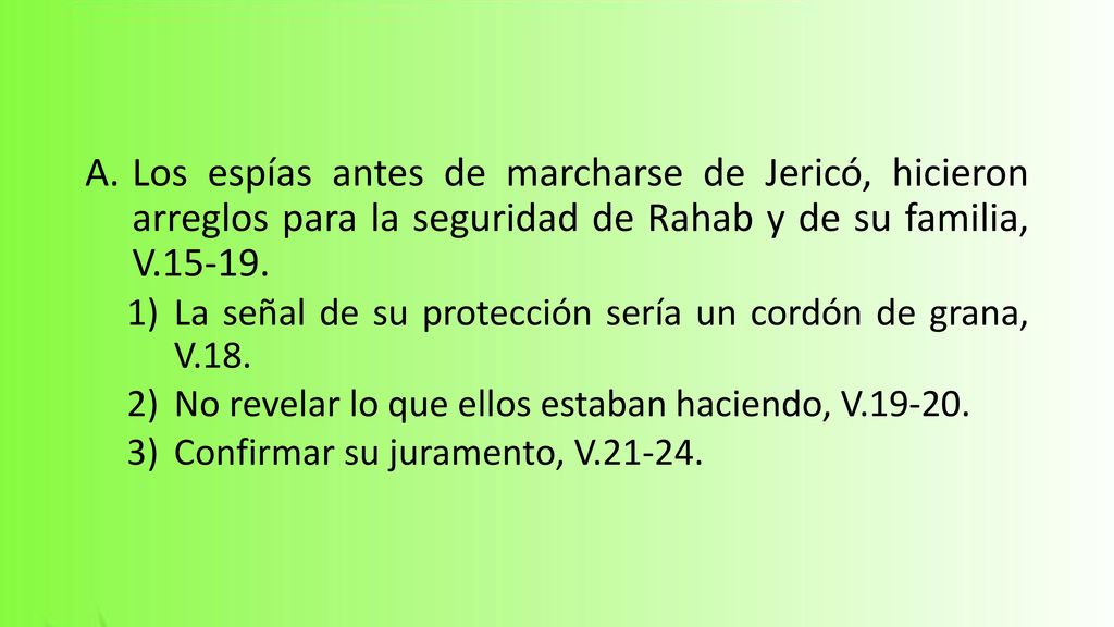 Los espías antes de marcharse de Jericó, hicieron arreglos para la seguridad de Rahab y de su familia, V