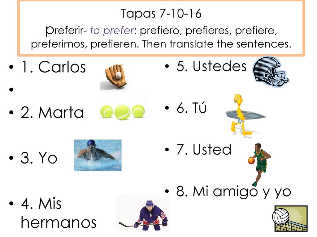 1. Carlos 2. Marta 3. Yo 4. Mis hermanos 5. Ustedes 6. Tú 7. Usted