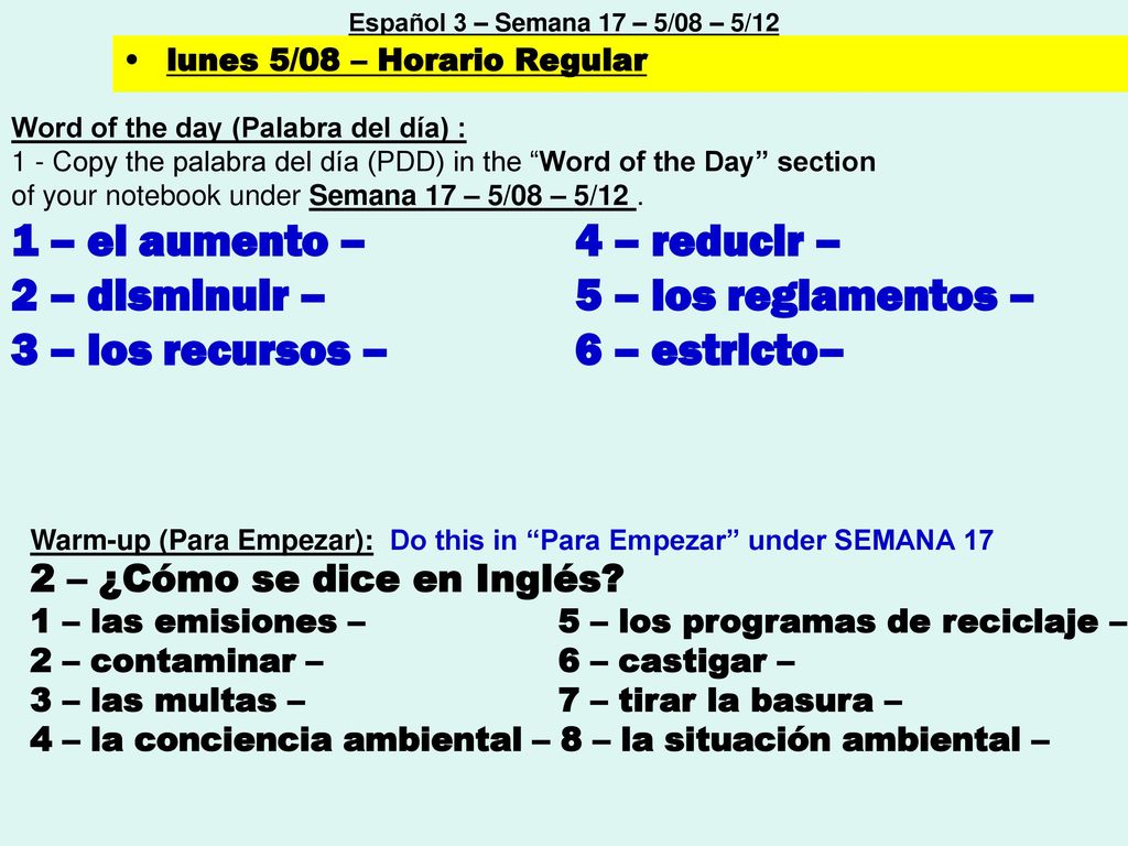 1 – el aumento – 4 – reducir – 2 – disminuir – 5 – los reglamentos –