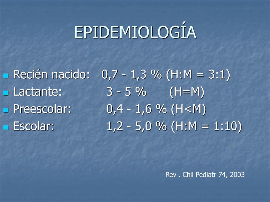 EPIDEMIOLOGÍA Recién nacido: 0,7 - 1,3 % (H:M = 3:1)