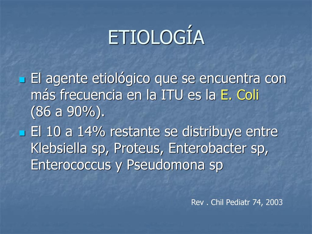 ETIOLOGÍA El agente etiológico que se encuentra con más frecuencia en la ITU es la E. Coli (86 a 90%).