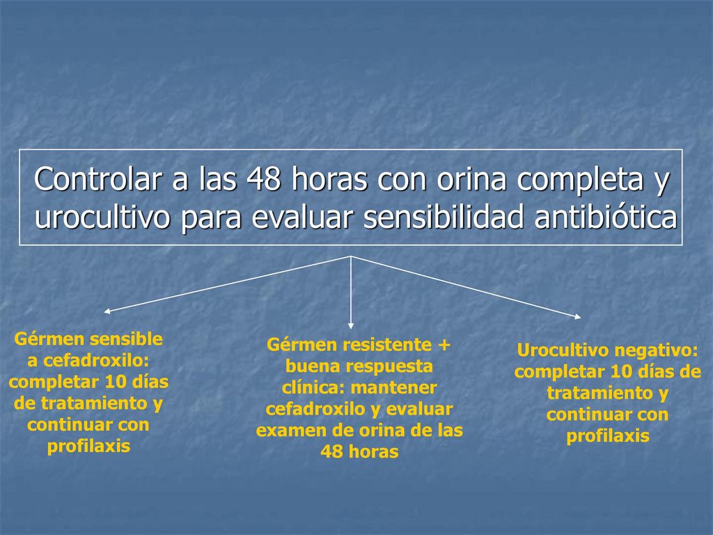 Controlar a las 48 horas con orina completa y urocultivo para evaluar sensibilidad antibiótica