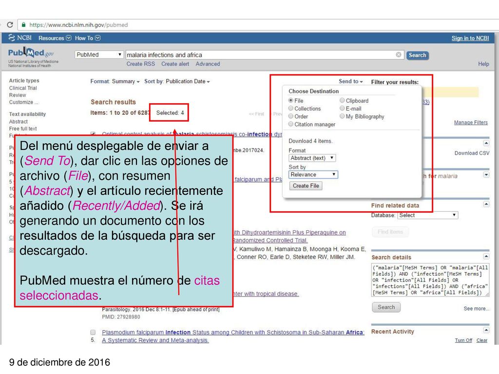 Se deben colocar marcas de verificación en las casillas ubicadas a la izquierda de las citas que se deseen enviar a las opciones de guardar archivo (File), para guardar como colecciones (Collections), ordenar (Order), conservar en portapapeles (Clipboard), correo electrónico ( ). Aquí se muestra el número de marcas.