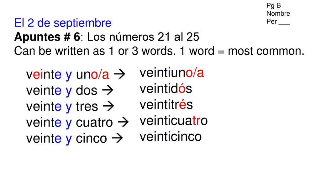 veintiuno/a veinte y uno/a  veintidós veinte y dos  veintitrés