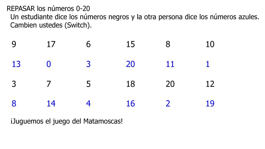 REPASAR los números 0-20 Un estudiante dice los números negros y la otra persona dice los números azules.