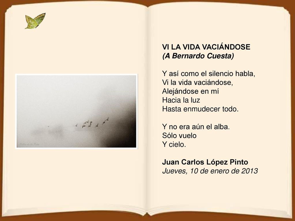 VI LA VIDA VACIÁNDOSE (A Bernardo Cuesta) Y así como el silencio habla, Vi la vida vaciándose,